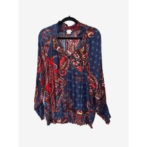 Venus Womens Large Blouse Smocked Snatched Waist V-Neck Indie Boho Peasant